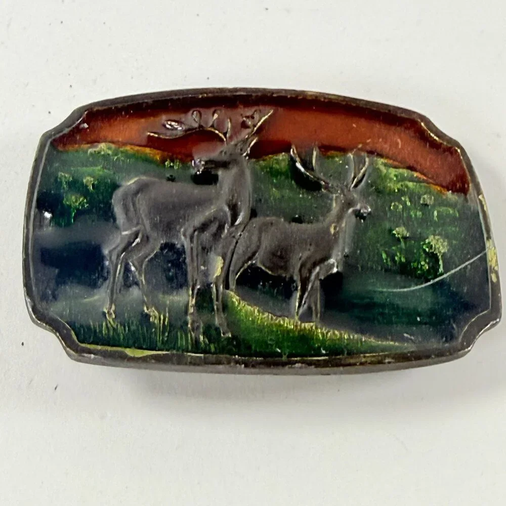 Vintage Xolcaco Deer Elk Antlers Wildlife Landscape Country Belt Buckle